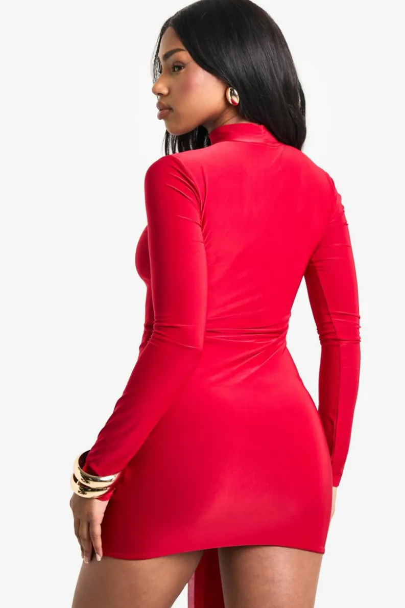 Bodycon Dresses|Dresses*boohoo Ruched Front Drape Long Sleeve Mini Dress red