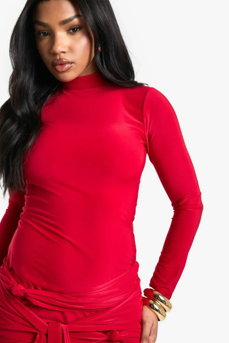 Bodycon Dresses|Dresses*boohoo Ruched Front Drape Long Sleeve Mini Dress red