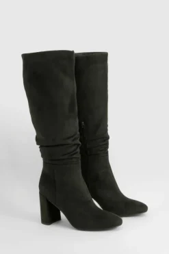 Heels|Over The Knee Boots*boohoo Ruched High Block Heeled Knee High Boots black