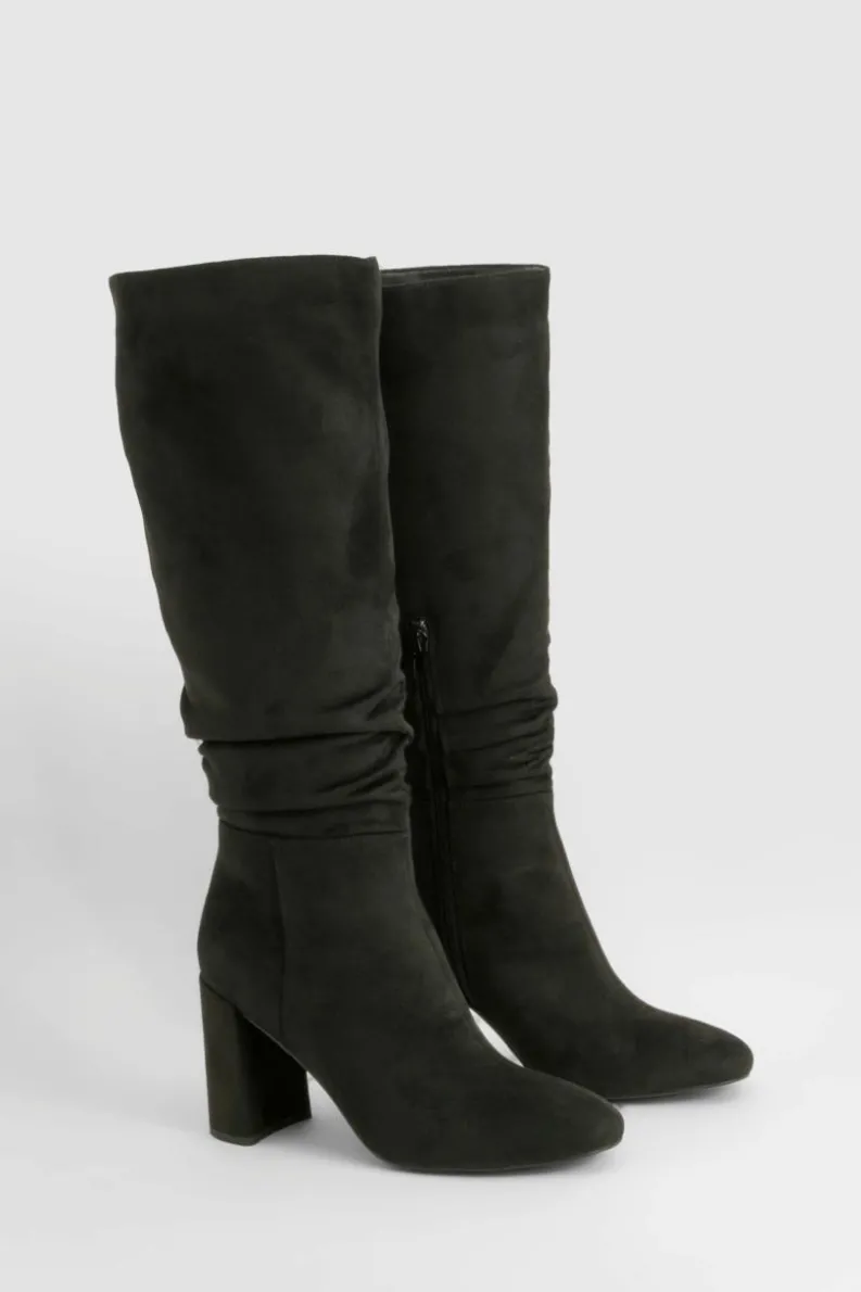 Heels|Over The Knee Boots*boohoo Ruched High Block Heeled Knee High Boots black