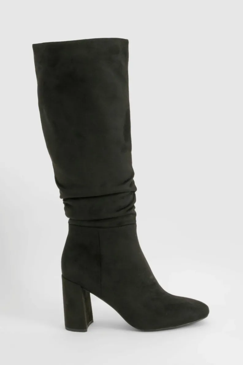 Heels|Over The Knee Boots*boohoo Ruched High Block Heeled Knee High Boots black