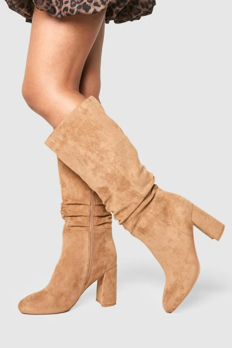 Heels|Over The Knee Boots*boohoo Ruched High Block Heeled Knee High Boots taupe