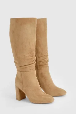Heels|Over The Knee Boots*boohoo Ruched High Block Heeled Knee High Boots taupe