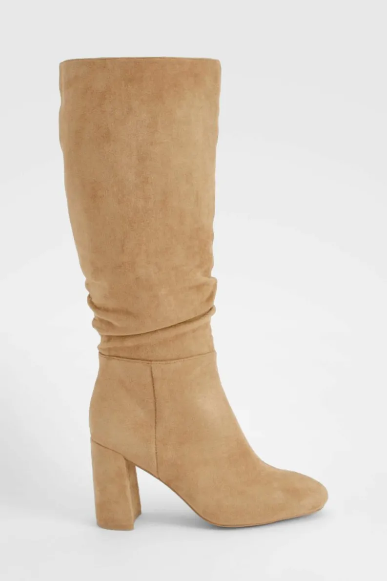 Heels|Over The Knee Boots*boohoo Ruched High Block Heeled Knee High Boots taupe