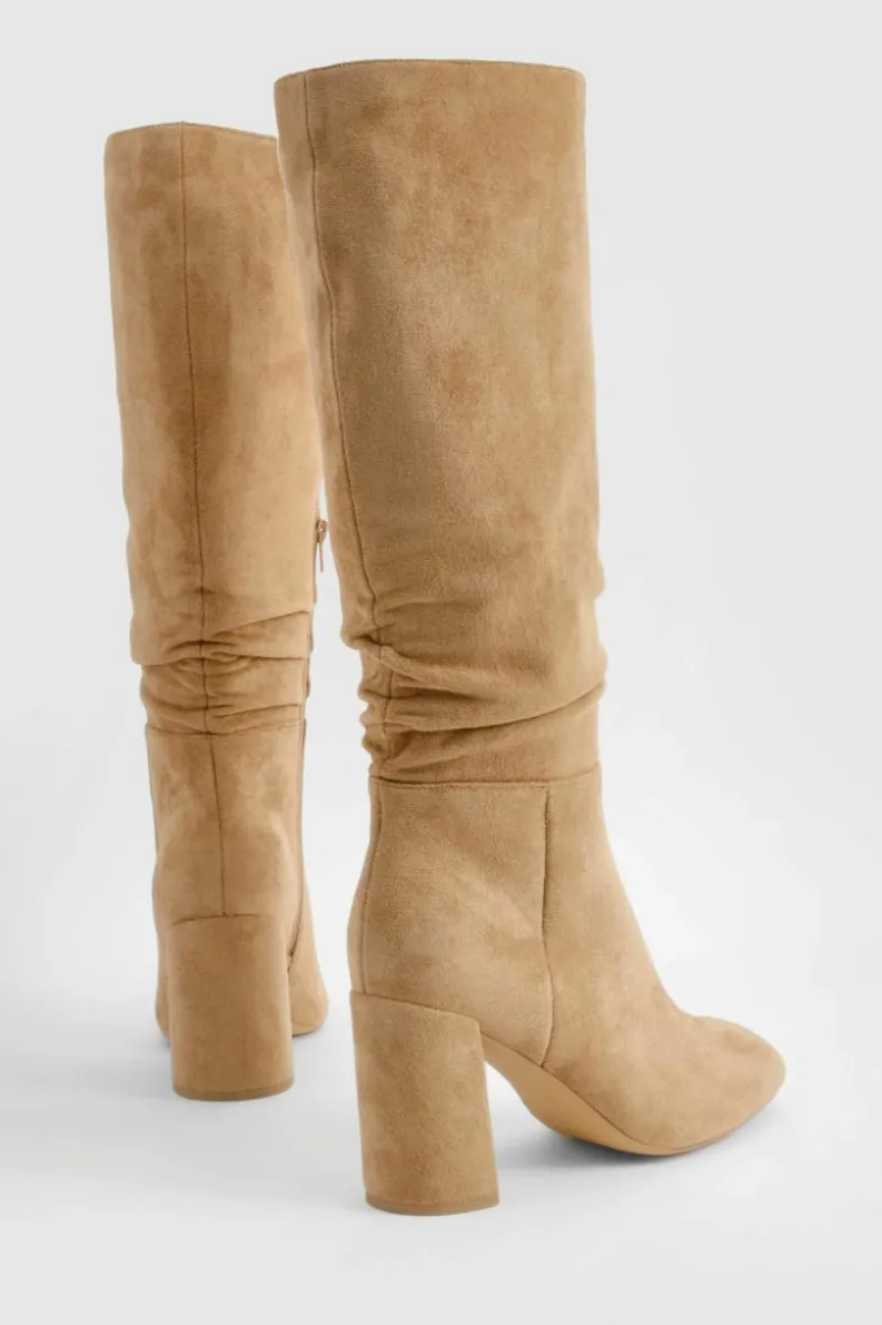 Heels|Over The Knee Boots*boohoo Ruched High Block Heeled Knee High Boots taupe
