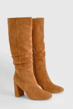 Heels|Over The Knee Boots*boohoo Ruched High Block Heeled Knee High Boots tan