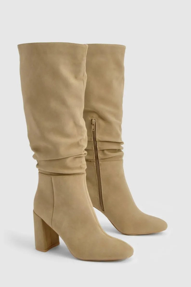 Heels|Over The Knee Boots*boohoo Ruched High Block Heeled Knee High Boots camel