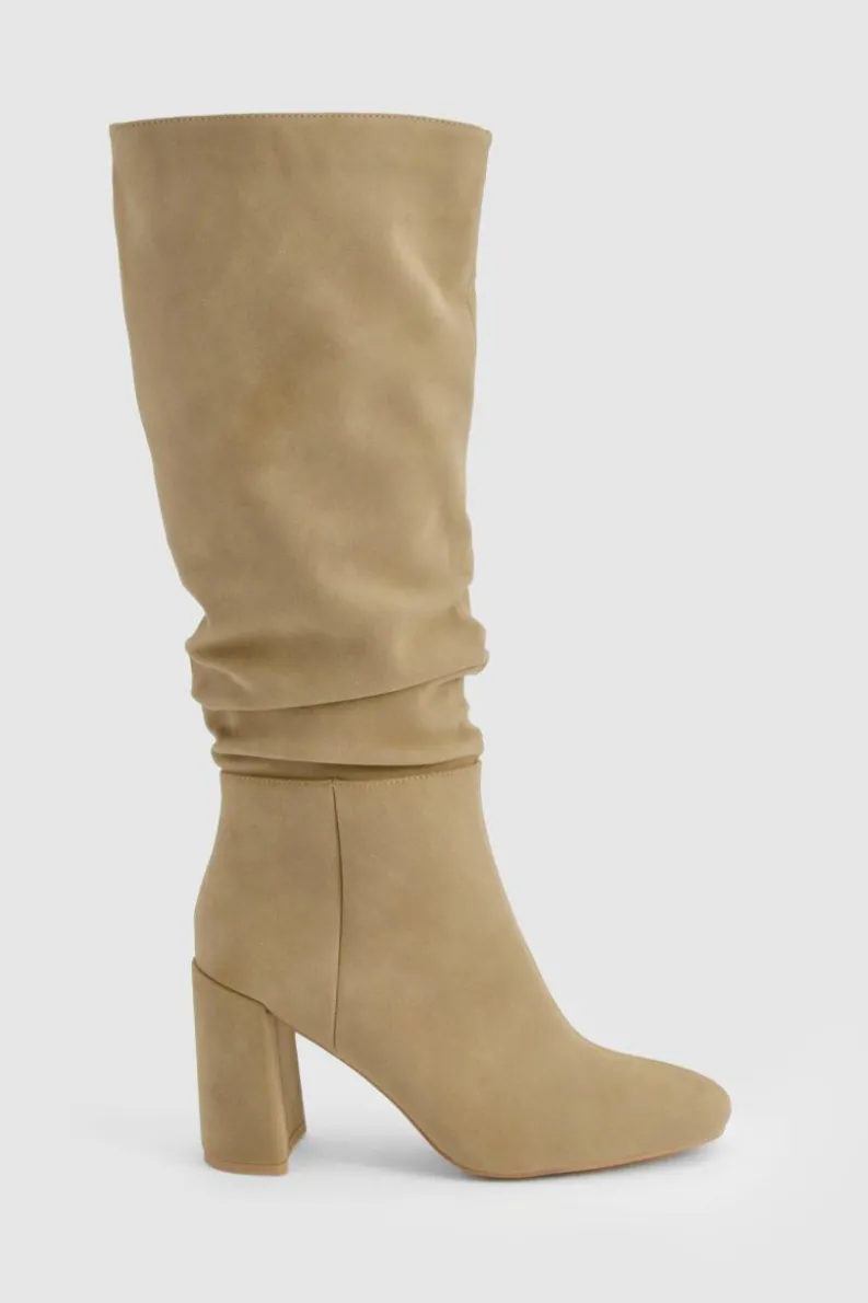 Heels|Over The Knee Boots*boohoo Ruched High Block Heeled Knee High Boots camel