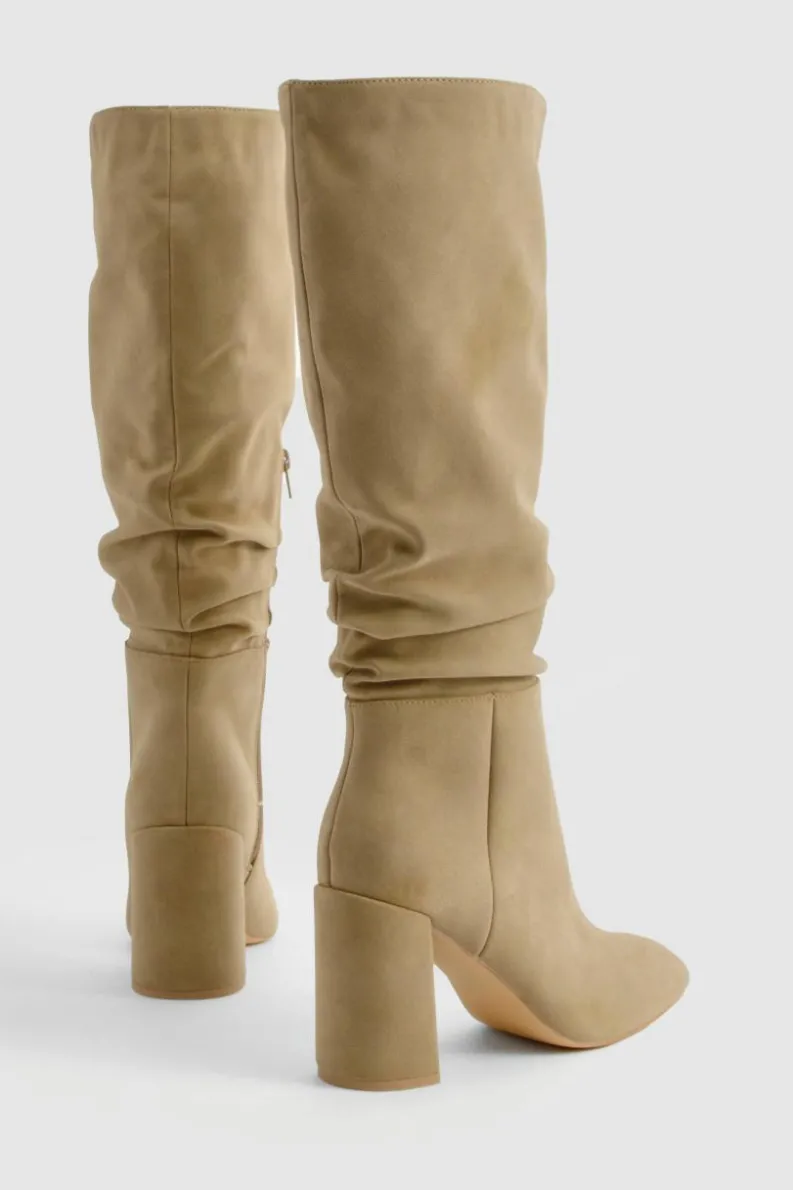 Heels|Over The Knee Boots*boohoo Ruched High Block Heeled Knee High Boots camel