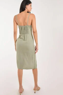 Midi Dresses*Pink Vanilla Ruched Linen Style Midi Dress Khaki