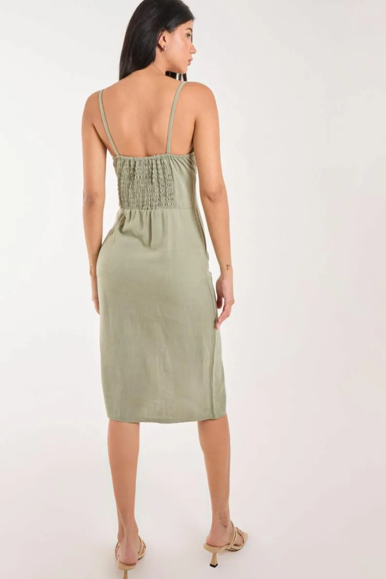 Midi Dresses*Pink Vanilla Ruched Linen Style Midi Dress Khaki