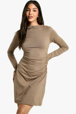 T-Shirt Dresses|Shirt Dresses*boohoo Ruched Side Long Sleeve T-shirt Mini Dress taupe