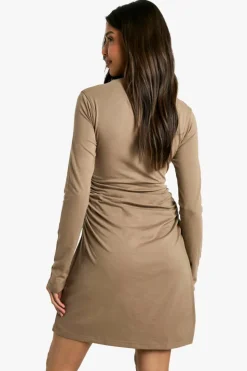 T-Shirt Dresses|Shirt Dresses*boohoo Ruched Side Long Sleeve T-shirt Mini Dress taupe