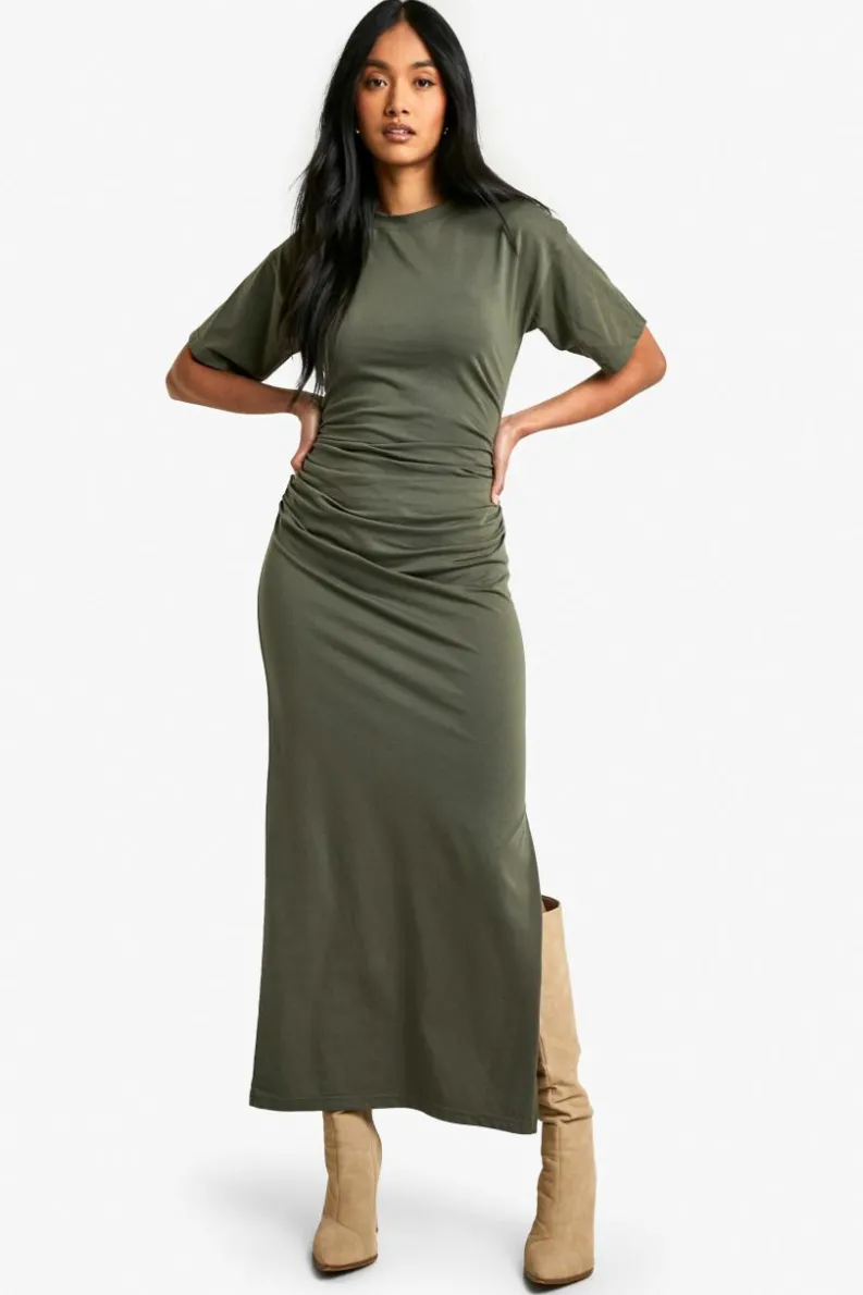 T-Shirt Dresses|Shirt Dresses*boohoo Ruched Side T-shirt Midaxi Dress dark olive