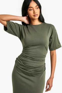 T-Shirt Dresses|Shirt Dresses*boohoo Ruched Side T-shirt Midaxi Dress dark olive