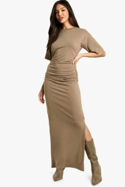 T-Shirt Dresses|Shirt Dresses*boohoo Ruched Side T-shirt Midaxi Dress taupe