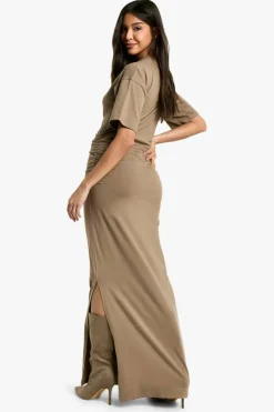 T-Shirt Dresses|Shirt Dresses*boohoo Ruched Side T-shirt Midaxi Dress taupe
