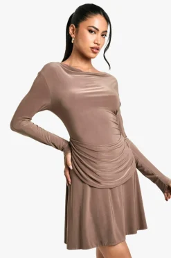 Skater Dresses*boohoo Ruched Slinky Drape Front Mini Dress mocha