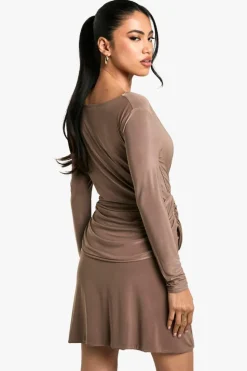 Skater Dresses*boohoo Ruched Slinky Drape Front Mini Dress mocha