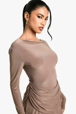 Skater Dresses*boohoo Ruched Slinky Drape Front Mini Dress mocha