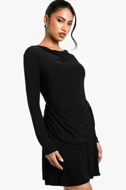 Skater Dresses*boohoo Ruched Slinky Drape Front Mini Dress black