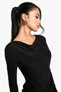 Skater Dresses*boohoo Ruched Slinky Drape Front Mini Dress black