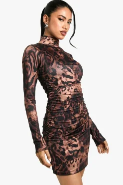 Bodycon Dresses*boohoo Ruched Slinky High Neck Mini Dress leopard