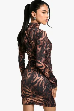 Bodycon Dresses*boohoo Ruched Slinky High Neck Mini Dress leopard