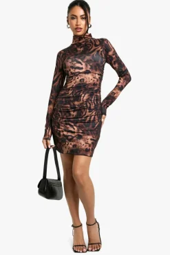 Bodycon Dresses*boohoo Ruched Slinky High Neck Mini Dress leopard