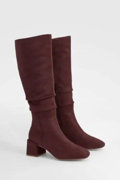Heels|Over The Knee Boots*boohoo Ruched Slouch Block Heel Knee High Boots chocolate