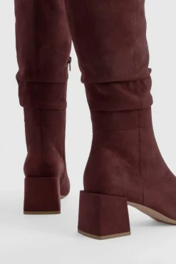 Heels|Over The Knee Boots*boohoo Ruched Slouch Block Heel Knee High Boots chocolate