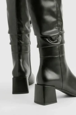 Heels|Over The Knee Boots*boohoo Ruched Slouch Block Heel Knee High Boots black