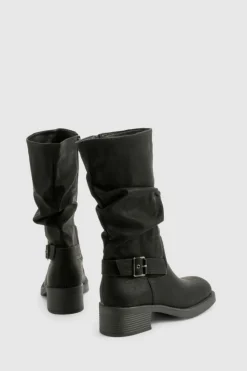 Over The Knee Boots|Knee High Boots*boohoo Ruched Slouch Buckle Detail Knee High Boots black