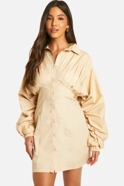 Shirt Dresses*boohoo Ruched Wide Sleeve Shirt Dress stone