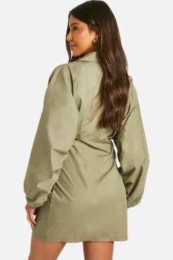 Shirt Dresses*boohoo Ruched Wide Sleeve Shirt Dress khaki