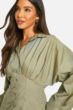 Shirt Dresses*boohoo Ruched Wide Sleeve Shirt Dress khaki