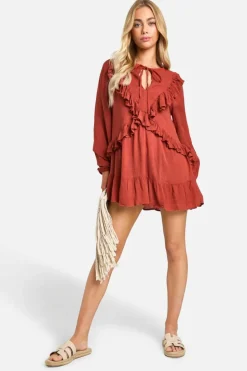 Smock Dresses*boohoo Ruffle Cheesecloth Mini Dress terracotta