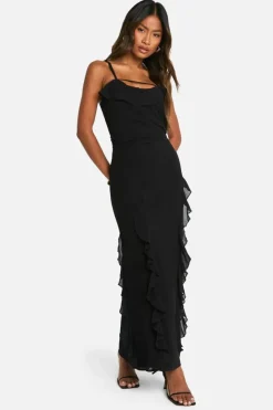 Cami Dresses*boohoo Ruffle Cowl Strappy Maxi Dress black