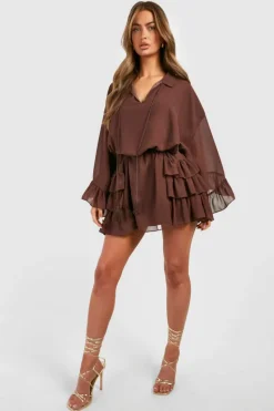Smock Dresses|Mini Dresses*boohoo Ruffle Detail Smock Dress chocolate