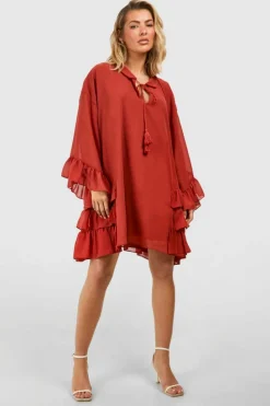 Smock Dresses*boohoo Ruffle Detail Smock Mini Dress chocolate