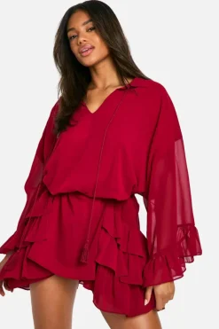Smock Dresses*boohoo Ruffle Detail Smock Mini Dress burgundy