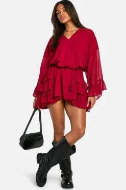 Smock Dresses*boohoo Ruffle Detail Smock Mini Dress burgundy