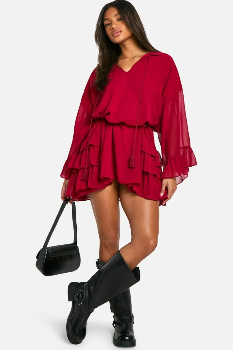 Smock Dresses*boohoo Ruffle Detail Smock Mini Dress burgundy