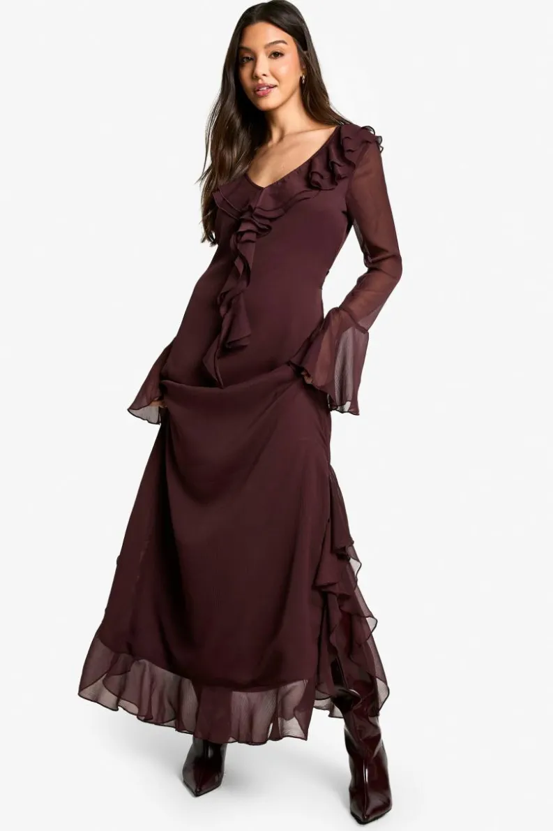 Maxi Dresses|Long Sleeve Dresses*boohoo Ruffle Flare Sleeve Belted Chiffon Maxi Dress plum
