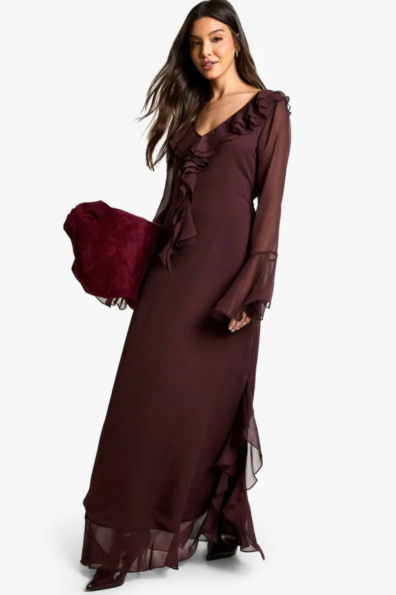 Maxi Dresses|Long Sleeve Dresses*boohoo Ruffle Flare Sleeve Belted Chiffon Maxi Dress plum