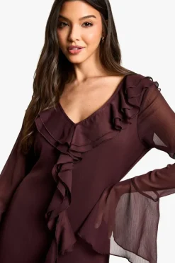 Maxi Dresses|Long Sleeve Dresses*boohoo Ruffle Flare Sleeve Belted Chiffon Maxi Dress plum