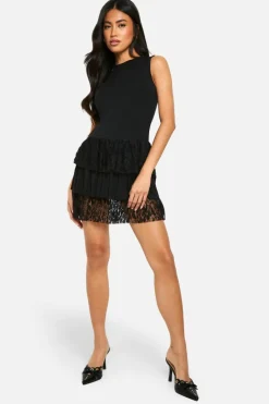 Skater Dresses*boohoo Ruffle Lace Mix Mini Dress black