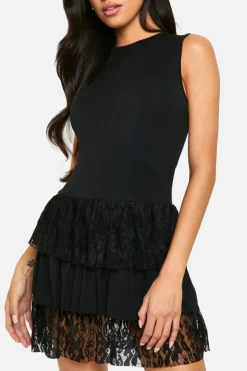 Skater Dresses*boohoo Ruffle Lace Mix Mini Dress black