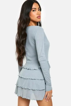 Skater Dresses*boohoo Ruffle Layered Hem Mini Dress grey