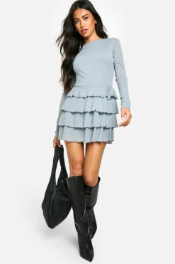 Skater Dresses*boohoo Ruffle Layered Hem Mini Dress grey